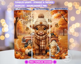 Pumpkin Spice Baby Tumbler Wrap Seamless, Fall Cute Baby Highland Cow 20oz Skinny Sublimation Design Fall Vibes Png Digital Download