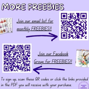 以下が含まれることがあります： 紫と白のグラフィックで、「MORE FREEBIES」というテキストが大きく太字で黒文字で表示されています。2つのQRコードが、「Join our email list for monthly FREEBIES!!」と「Join our Facebook Group for FREEBIES!!」というテキストとともに表示されています。「To sign up, scan these QR codes or click the links provided in the PDF you will receive with your purchase.」というテキストも含まれています。