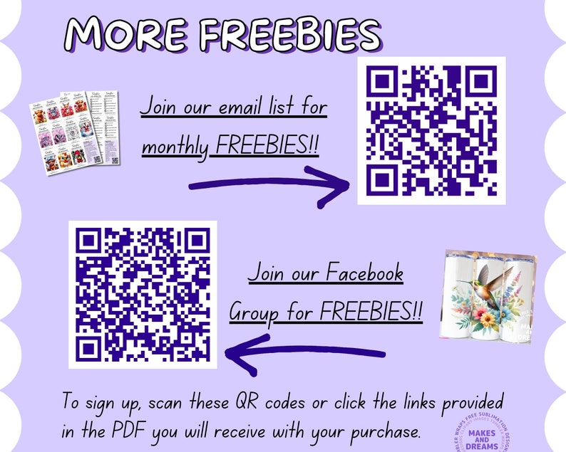 以下が含まれることがあります： 紫と白のグラフィックで、「MORE FREEBIES」というテキストが大きく太字で黒文字で表示されています。2つのQRコードが、「Join our email list for monthly FREEBIES!!」と「Join our Facebook Group for FREEBIES!!」というテキストとともに表示されています。「To sign up, scan these QR codes or click the links provided in the PDF you will receive with your purchase.」というテキストも含まれています。