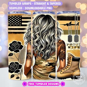 Military Wife Tumbler Wrap, Military Boots, Proud Patriotic Wife, US American Flag, 20 Oz Skinny Sublimation Tumbler Wrap Digital Design PNG