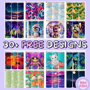 May include: A collage of 12 different designs for sublimation tumblers. The designs include a variety of themes, such as animals, landscapes, and abstract patterns. The text "30+ FREE DESIGNS" is displayed in the center of the image.