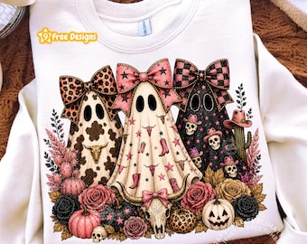 May include: A white crewneck sweatshirt featuring a graphic of three ghosts wearing large bows. The ghosts are decorated with cow print, stars, and skulls. The design includes pink roses, pumpkins, cacti, and a steer skull at the bottom.