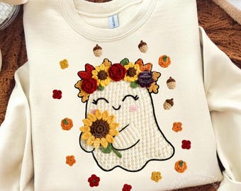 Faux Garn Blumen Geist PNG, Halloween Png Boho Blumen Sublimationsentwurf Faux häkeln Halloween Blumen Herbst Geist Shirt Digital Dtf Design