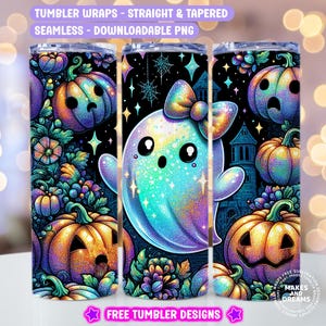 May include: Three Halloween-themed tumbler wraps with a seamless design. The wraps feature a cute ghost with a bow, jack-o'-lanterns, and a haunted house against a starry night sky. The text reads "TUMBLER WRAPS - STRAIGHT & TAPERED SEAMLESS - DOWNLOADABLE PNG" and "FREE TUMBLER DESIGNS".