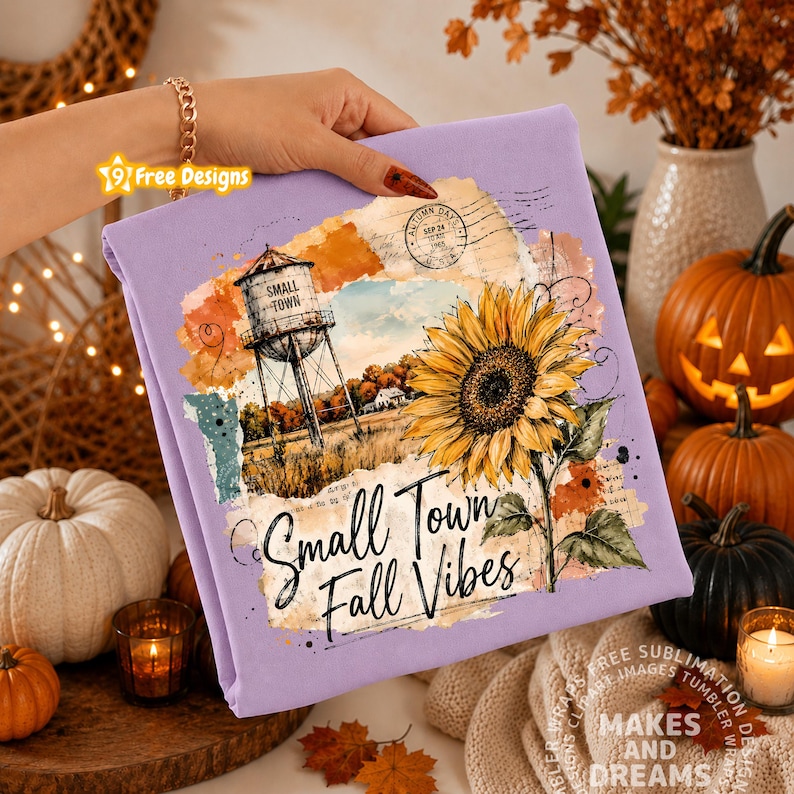 May include: A light purple sweatshirt featuring a graphic print of a water tower, a large yellow sunflower, and the text "Small Town Fall Vibes" in a black script font, layered over a vintage-style collage of paper textures and postmarks.