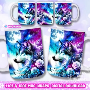 May include: A set of four 11oz and 15oz white ceramic mugs with a sublimation design featuring a wolf with blue, purple, and pink flowers and a full moon in the background. The text "Makes and Dreams" is visible on the mug.