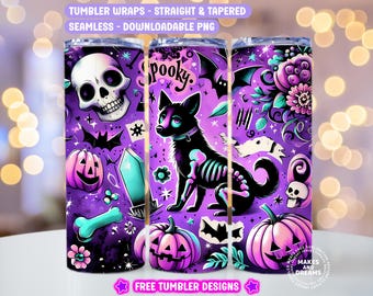 Funny Halloween Dog Skeleton Tumbler Wrap Seamless, Spooky Season 20 oz Skinny Sublimation Design, Cute Ghost Png Digital Download
