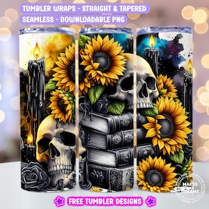 May include: Three sublimation designs for a tumbler wrap featuring a skull, sunflowers, and candles. The designs are seamless and downloadable as PNG files.