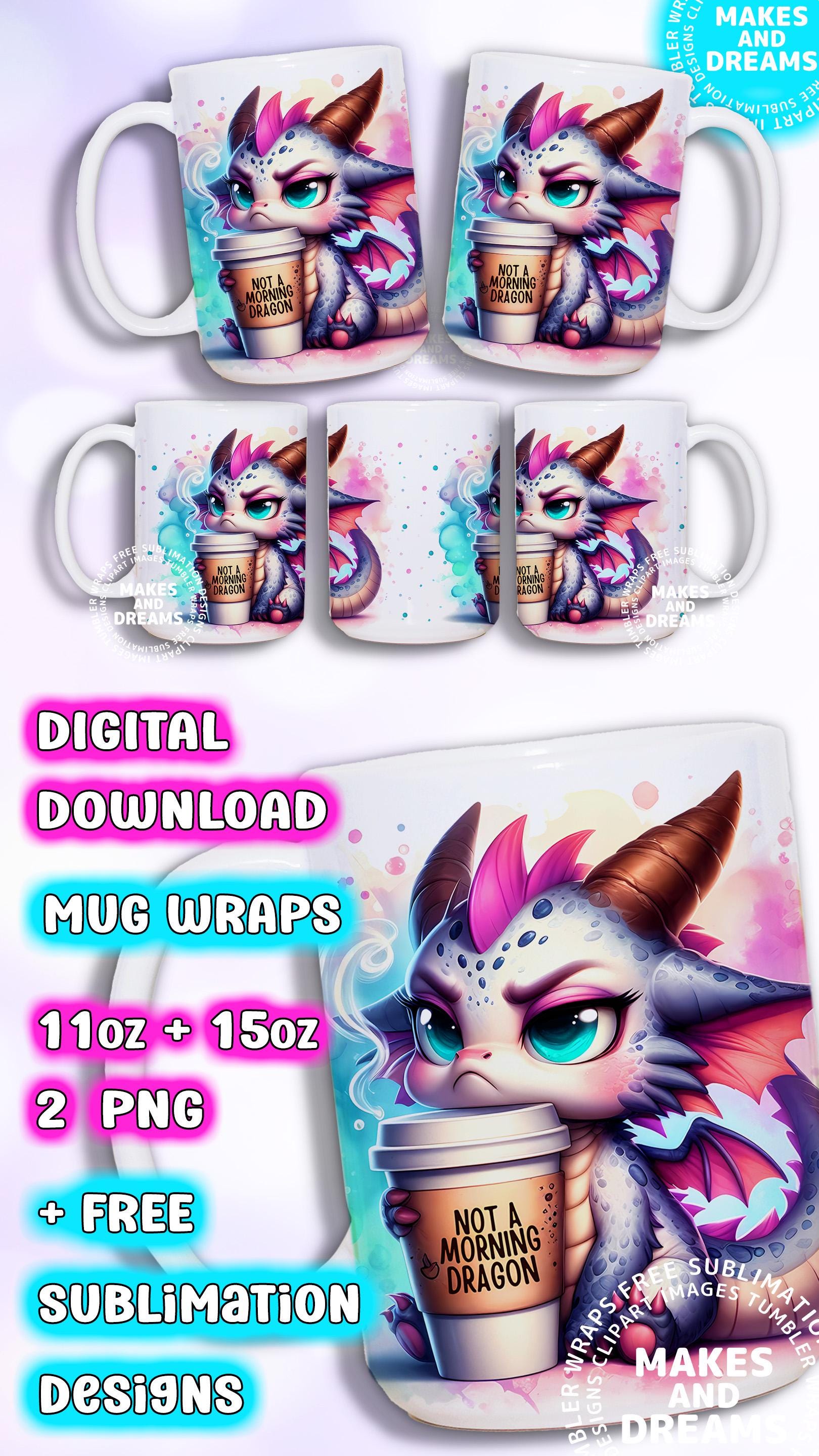 Funny Dragon Coffee Mug PNG 11oz 15oz Mug Wrap Designs Quirky Dragons ...