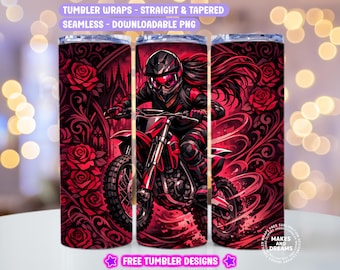 Op de afbeelding: Tumbler wraps met een motorcrosser in rode en zwarte uitrusting, rijdend op een rode motor. Het ontwerp bevat rode rozen en decoratieve krullen. De tekst "TUMBLER WRAPS - STRAIGHT & TAPERED SEAMLESS - DOWNLOADABLE PNG" staat bovenaan. De tekst "FREE TUMBLER DESIGNS" staat onderaan.