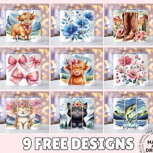 May include: Nine tumbler designs are displayed, each featuring a unique watercolor design. The designs include a highland cow, blue flowers, cowboy boots, pink bows, pink flowers, a cat, a black cat, and a fish. The text "9 FREE DESIGNS" is at the bottom.
