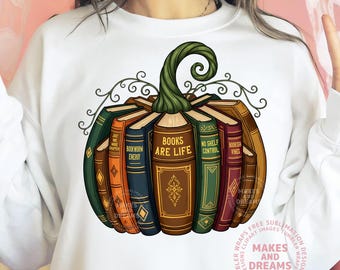 Retro Herbstbuch Kürbis PNG Buchliebhaber Shirt Design Lese Png Kürbis Bücher Lehrer T-Shirt Design Digital Download Dtf Dtg Grafik