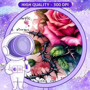 May include: A pink rose with thorns and green leaves, painted in a watercolor style with a purple and blue background. The text "giving up" is visible at the bottom of the image.