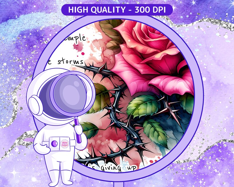 May include: A pink rose with thorns and green leaves, painted in a watercolor style with a purple and blue background. The text "giving up" is visible at the bottom of the image.