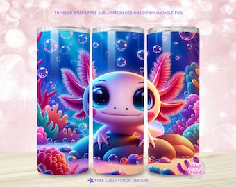 May include: A sublimation design featuring a pink axolotl with blue eyes, surrounded by bubbles and coral in a blue and purple underwater scene. The design is perfect for creating custom tumblers.