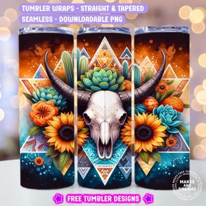 Western Tumbler Wrap Boho Sublimation Design Sunflower 20oz Skinny Tumbler Png Aztec Bull Skull Png Rustic Watercolor Cactus Tribal Pattern