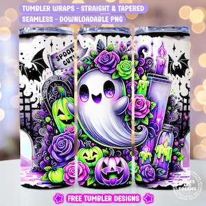 May include: Tumbler wraps with a Halloween theme. The design features a friendly ghost, purple roses, jack-o'-lanterns, bats, and candles. The text on the design says "SPOOK CUT" and "FREE TUMBLER DESIGNS".