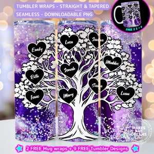 May include: A set of three purple and white tumbler wraps featuring a white tree with hearts and names on each branch. The names on the tree are Emily, Ruth, Isaac, Luca, Jonah, Many, Jenna, Maddox, Siena, and Liam. The wraps are seamless and downloadable as PNG files.