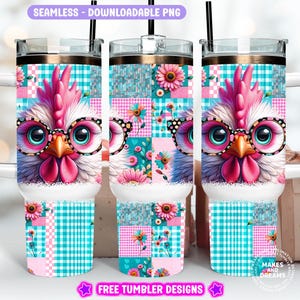 May include: A seamless sublimation design featuring a cartoon rooster wearing glasses and a pink and blue patchwork background. The design is perfect for creating custom tumblers, mugs, and other personalized items.