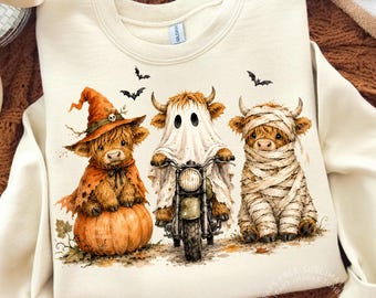 Funny Halloween Highland Cow Png, Spooky Highlander Cow Fall Sublimation Design for Shirt, Cute Pumpkin Trendy Digital Download Dtf Graphic