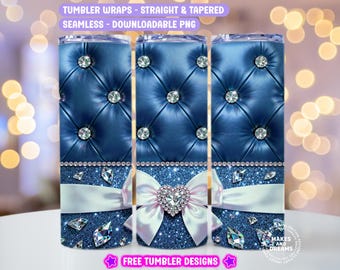 Luxury Tumbler Wrap Png, Glam Bling 20 oz Skinny Sublimation Tumbler Design, Fancy Coquette Bow Blue Tumbler Wrap Seamless Trendy Girly Png