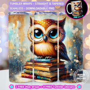 Book Lover Tumbler Wrap, Owl Books PNG, Tumbler Wrap For Reader, Library Gifts 20oz Tumbler Sublimation Design, 20oz skinny Tumbler PNG File