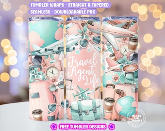 May include: Three pink and blue tumbler wraps with a travel theme. The designs feature airplanes, suitcases, sunglasses, and the text "Travel Agent Life".
