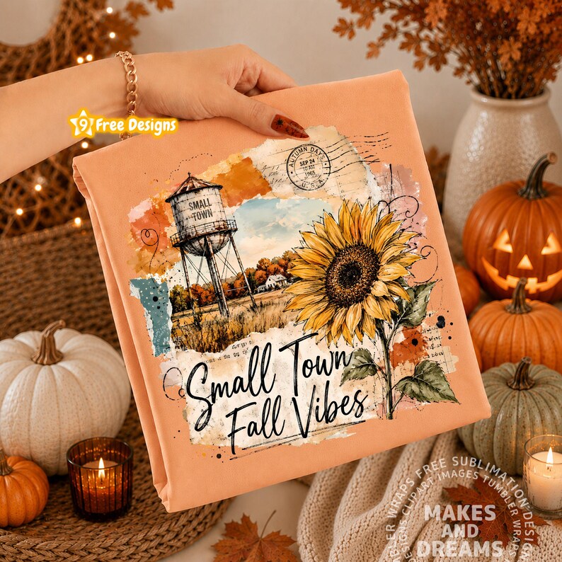 May include: A peach-colored fabric featuring a graphic print of a water tower, a large yellow sunflower, and the text Small Town Fall Vibes. The design includes vintage-style paper textures, ink splatters, and a circular postmark stamp.