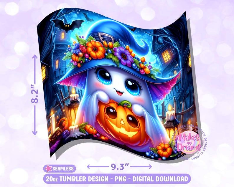 Puede incluir: Un dise&ntilde;o digital para un vaso de 20 oz, con un fantasma lindo con un sombrero de bruja azul adornado con flores, sosteniendo una calabaza de Halloween. El dise&ntilde;o est&aacute; ambientado en una escena de noche de Halloween espeluznante, de 20,8 cm por 23,6 cm.