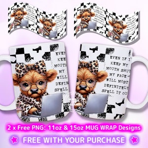 May include: White ceramic mug with a black and white chequered background. The mug features a cartoon illustration of a cow wearing glasses and a leopard print scarf, typing on a laptop. The text on the mug reads "Even if I keep my mouth shut my face will most definitely spell it out".