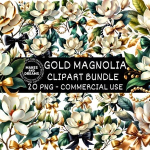 Gold Magnolia Floral Clipart White Flowers PNG Set Wedding Invitation Clip Art Magnolia Glam Garden Bridal Shower Sublimation Clipart Bundle