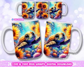 Sea Turtle Sunflowers Png Turtle Mug Wrap 11oz 15oz Mug Sublimation Designs, Wildlife Mug Design Sunflowers Mug Png Turtle Coffee Mug Design