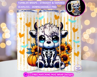 Halloween Cute Spooky Highland Cow Tumbler Wrap Cute Fall 20oz Skinny Tumbler Sublimation Design Cute Skeleton Cow Png Fall Highland Cow Png
