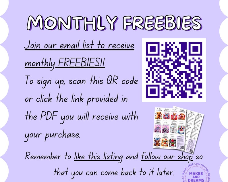May include: Purple background with white text that reads "MONTHLY FREEBIES".  Join our email list to receive monthly FREEBIES!! To sign up, scan this QR code or click the link provided in the PDF you will receive with your purchase. Remember to like this listing and follow our shop so that you can come back to it later.