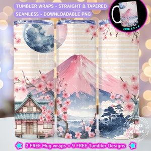 桜の自然タンブラーラップ、20オンススキニー昇華デザイン、桜の木png日本昇華デザイン、日本の花柄春タンブラー