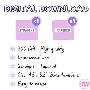 May include: Digital download of two sublimation designs for 20 ounce tumblers. The designs are for straight and tapered tumblers. The designs are 9.3 inches by 8.2 inches and 300 DPI.