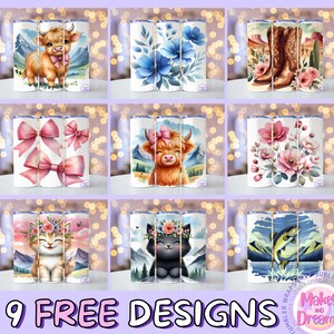 K&ouml;nnte beinhalten: Neun kostenlose Designs f&uuml;r Sublimationsbecher. Die Designs beinhalten eine Hochlandkuh, ein Blumenmuster, eine Katze mit einer Blumenkrone, einen Fisch, der aus dem Wasser springt, ein Paar Cowboystiefel und eine Schleife.