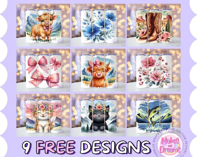 K&ouml;nnte beinhalten: Neun kostenlose Designs f&uuml;r Sublimationsbecher. Die Designs beinhalten eine Hochlandkuh, ein Blumenmuster, eine Katze mit einer Blumenkrone, einen Fisch, der aus dem Wasser springt, ein Paar Cowboystiefel und eine Schleife.