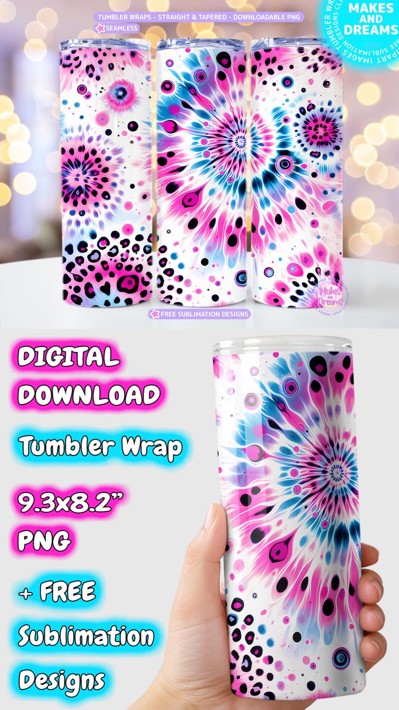 Tie Dye Tumbler Wrap PNG, Pink Leopard Print 20 Oz Sublimation Skinny ...