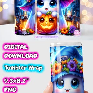 Puede incluir: Un dise&ntilde;o digital para envolver vasos, con un simp&aacute;tico personaje fantasma con un sombrero de bruja azul y una calabaza. El dise&ntilde;o incluye el texto "Tumbler Wrap" y unas dimensiones de 23,6 x 20,8 cm.
