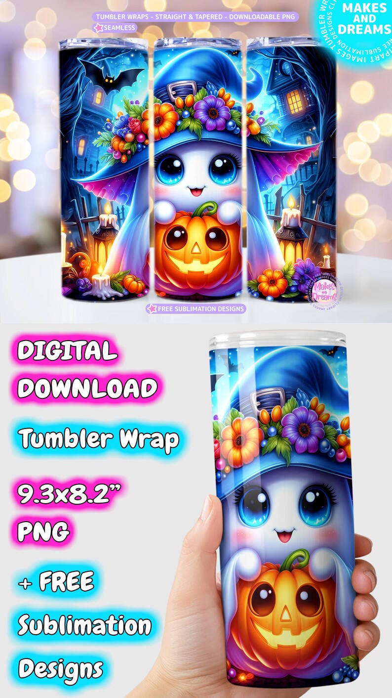 Puede incluir: Un dise&ntilde;o digital para envolver vasos, con un simp&aacute;tico personaje fantasma con un sombrero de bruja azul y una calabaza. El dise&ntilde;o incluye el texto "Tumbler Wrap" y unas dimensiones de 23,6 x 20,8 cm.