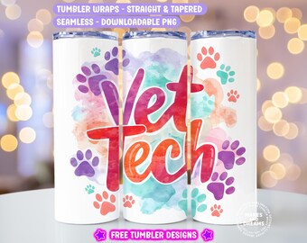 Puede incluir: Tres vasos blancos con un diseño colorido. El diseño presenta las palabras "Vet Tech" en una fuente vibrante, rodeadas de huellas de patas y salpicaduras de acuarela. La parte superior de los vasos es plateada. El texto "TUMBLER WRAPS - STRAIGHT & TAPERED SEAMLESS - DOWNLOADABLE PNG" está en la parte superior.