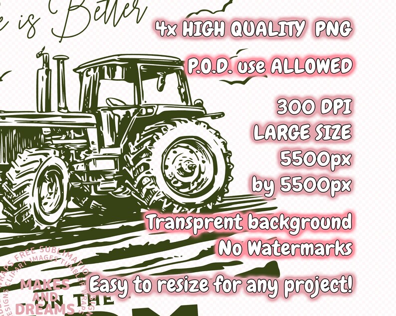 May include: A green and white illustration of a tractor. The image includes text that says "4x HIGH QUALITY PNG", "P.O.D. use ALLOWED", "300 DPI", "LARGE SIZE", "5500px by 5500px", "Transparent background", "No Watermarks", and "Easy to resize for any project!"