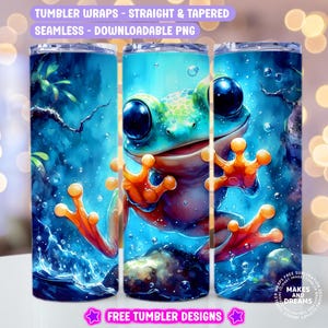 May include: A seamless, downloadable PNG design featuring a vibrant green frog with orange feet, swimming in a blue and green water scene. This design is perfect for creating custom tumbler wraps.