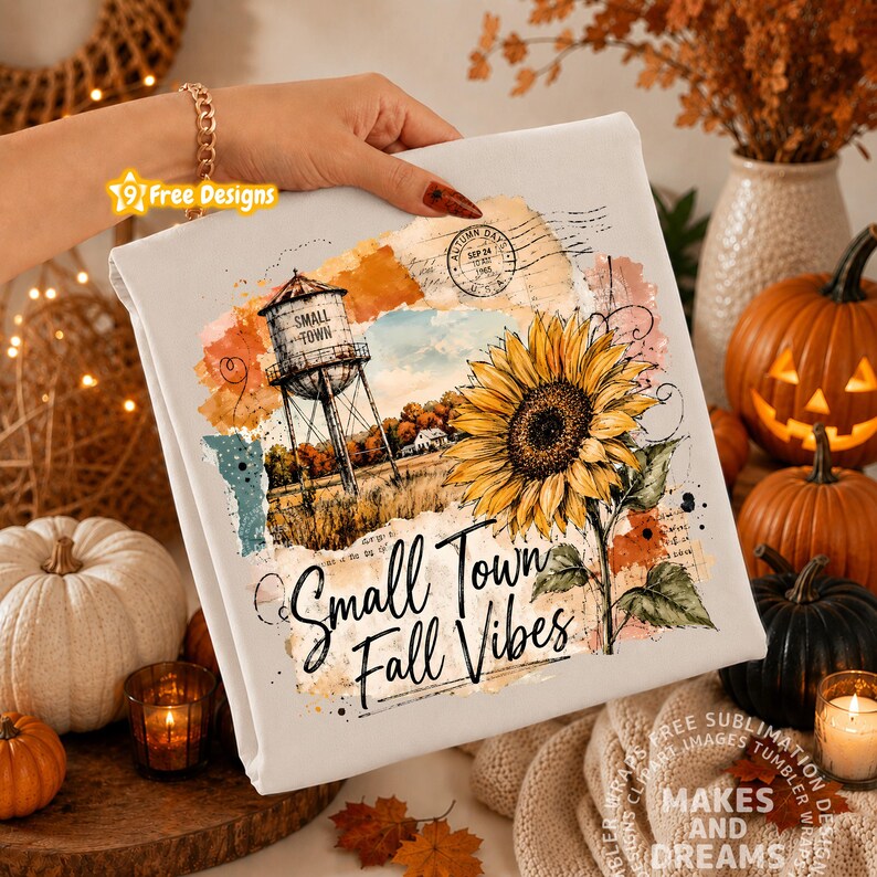 May include: A white sweatshirt featuring a graphic print of a water tower labeled 'Small Town', a large yellow sunflower, and the text 'Small Town Fall Vibes' in black script. The design includes watercolor-style orange and blue accents.