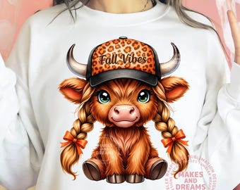 Highland Cow In Trucker Hat Png Fall Vibes Highland Cow Sublimation Design Funny Moody Highland Cow Clipart Farm Animals Png Dtf Graphic Dtg