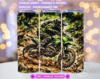 Dirtbike Tumbler Wrap, Dirt Bike Racer 20oz Skinny Tumbler Sublimation Design Motorcycle Racing Motocross Green Black Motorbike Digital Png