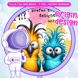 K&ouml;nnte beinhalten: Eine digitale Illustration von zwei Cartoon-V&ouml;geln mit bunten Federn. Die V&ouml;gel haben gro&szlig;e Augen und schauen den Betrachter an. Der Hintergrund ist ein Aquarell in Rosa, Gelb und Blau. Der Text "I prefer the delight" ist im Hintergrund sichtbar.