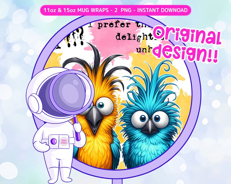 K&ouml;nnte beinhalten: Eine digitale Illustration von zwei Cartoon-V&ouml;geln mit bunten Federn. Die V&ouml;gel haben gro&szlig;e Augen und schauen den Betrachter an. Der Hintergrund ist ein Aquarell in Rosa, Gelb und Blau. Der Text "I prefer the delight" ist im Hintergrund sichtbar.
