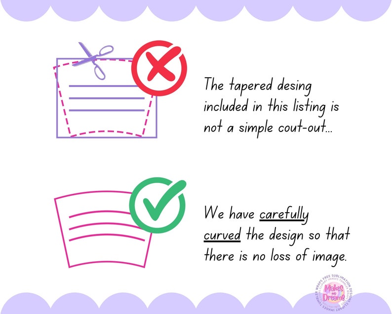 May include: Illustration showing the difference between a simple cut-out design and a curved design. The image on the left shows a simple cut-out design with a red X over it. The image on the right shows a curved design with a green checkmark over it. The text below the images reads: "The tapered design included in this listing is not a simple cut-out... We have carefully curved the design so that there is no loss of image."